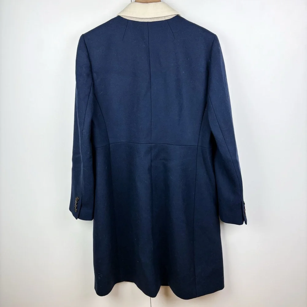 J. Crew 100% Wool Topcoat Contrast Lapel Double Serge Wool Navy Blue White 10 - Picture 7 of 9